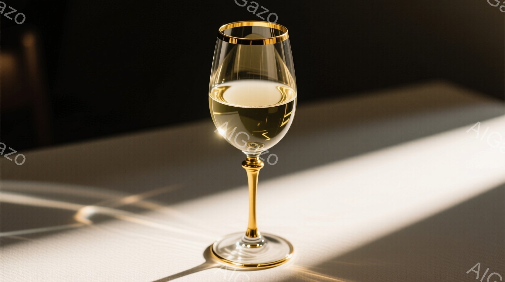 金色の縁取りが施されたワイングラスが、白いテーブルの上に優雅に置かれています。グラスの中には、淡い黄金色の液体が入っており、光を反射して輝いています。強い光が差し込み、グラスの影がテーブル上に伸び、高 - AI生成フリー素材