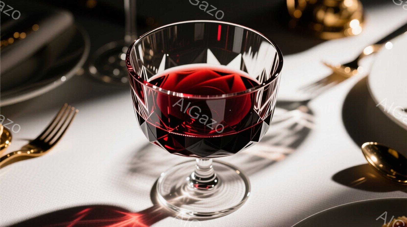 白いテーブルクロスの上に、赤いワインが入った美しいクリスタルグラスが置かれています。グラスは複雑なカットが施されており、光を反射して輝きを増しています。背景には、金色のカトラリーと白い皿がぼんやりと見え、フォーマルで洗練された雰囲気を作り出しています。