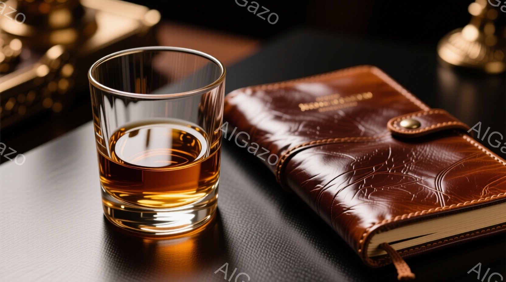 画像には、琥珀色の液体が入ったガラスのグラスと、革製のノートが写っている。背景は暗いグレーで、グラスとノートが際立っている。全体的に落ち着いた雰囲気で、読書や瞑想のための静かな時間を示唆している。