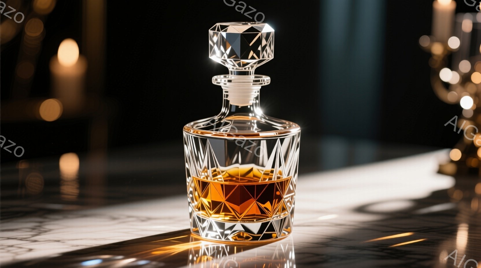 美しいクリスタル製のデキャンタが、大理石調の台の上に置かれています。琥珀色の液体が光を透過し、複雑なカットガラスを通して輝きを放っています。背景にはぼやけた黄金色の光があり、高級感と落ち着いた雰囲気を醸し出しています。