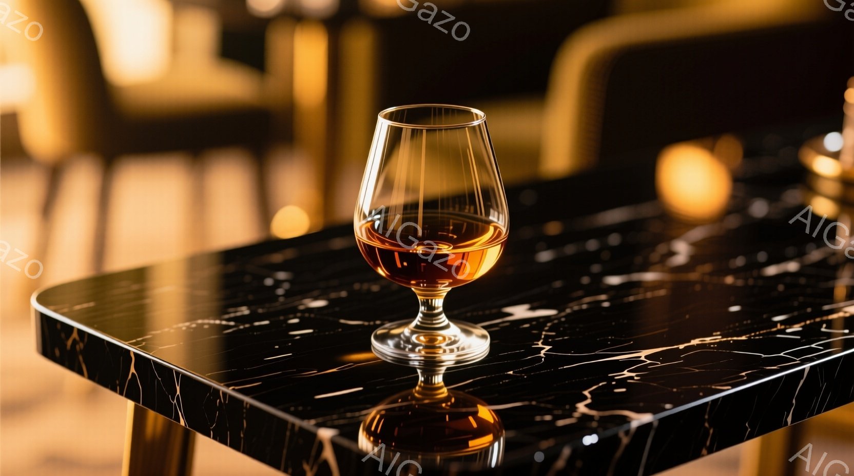 鮮やかな琥珀色の液体が、脚付きのグラスに注がれています。黒の大理石のテーブルに反射し、上品で洗練された雰囲気を醸し出しています。背景にはぼやけた黄金色の光が差し込み、落ち着いたバーやラウンジの空間を想 - AI生成フリー素材