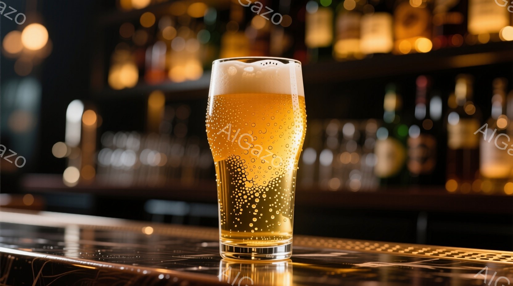 金色のエールビールがグラスに満たされ、細かい泡が表面を覆っている。背景にはぼやけたバーカウンターと様々な酒瓶が並び、落ち着いた照明が暖かく照らしている。全体的に、リラックスした夜の雰囲気を醸し出してい - AI生成フリー素材