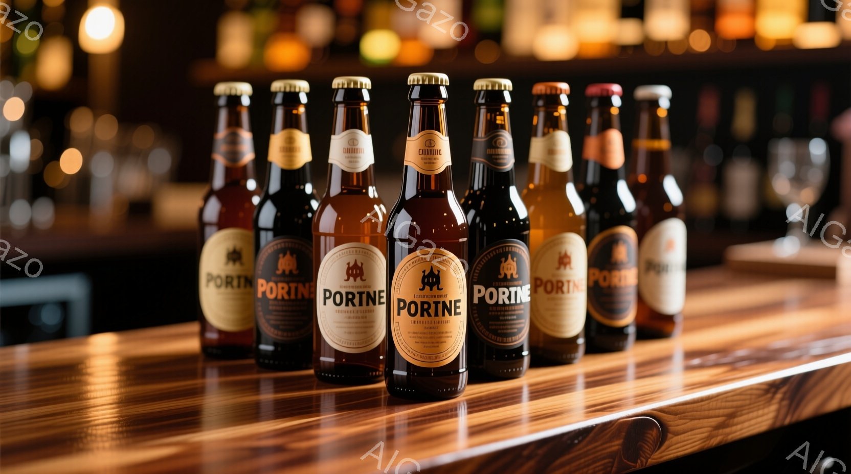 画像には、木製のカウンターの上に並んだビール瓶が写っている。瓶には「PORTINE」というラベルが貼られており、明るい琥珀色の液体が入っているのが見える。背景はぼかされており、カウンターの木目とビールの色が際立っている。