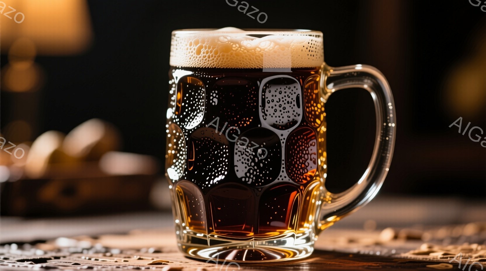グラスには濃い琥珀色のビールが満たされ、豊かな泡が頭上に浮かんでいる。グラスは水滴で覆われ、背景にはぼやけた木製のテーブルと、暗い照明が暖かく照らしている。 全体的に、落ち着いた雰囲気で、ビールの美味しさを強調している。