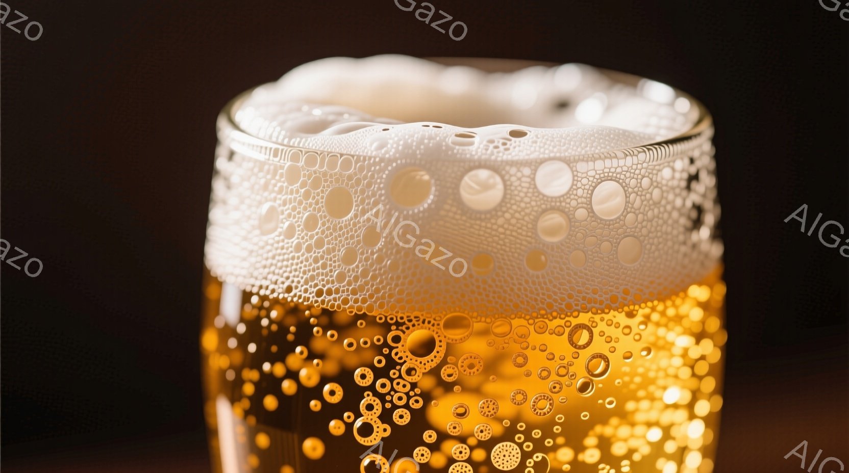 金色のビールがグラスいっぱいに満たされ、豊かな泡が表面を覆っています。細かい泡が液体全体に広がり、光を反射してキラキラと輝いています。背景は暗く、ビールの色が際立って見えます。 - AI生成フリー素材