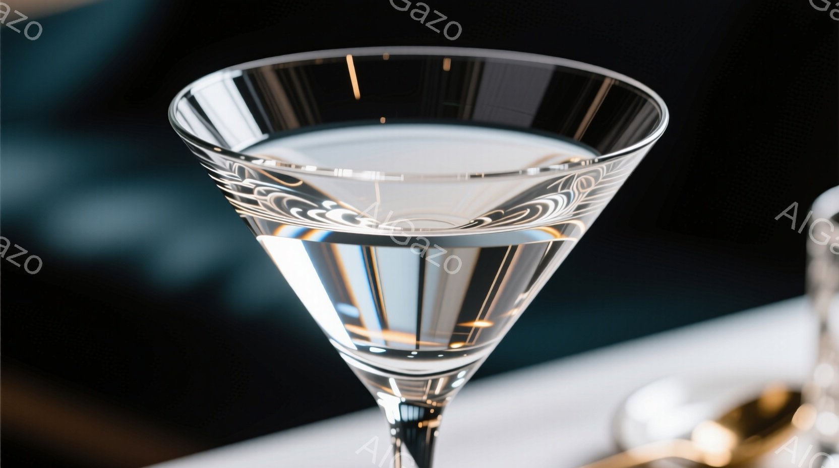 透明なカクテルグラスが画面いっぱいに大きく写っており、グラスの中には薄い液体が入っている。グラスのカットガラスが光を反射し、複雑な模様が美しい陰影を生み出している。背景は暗く、グラスと白いテーブルクロ - AI生成フリー素材