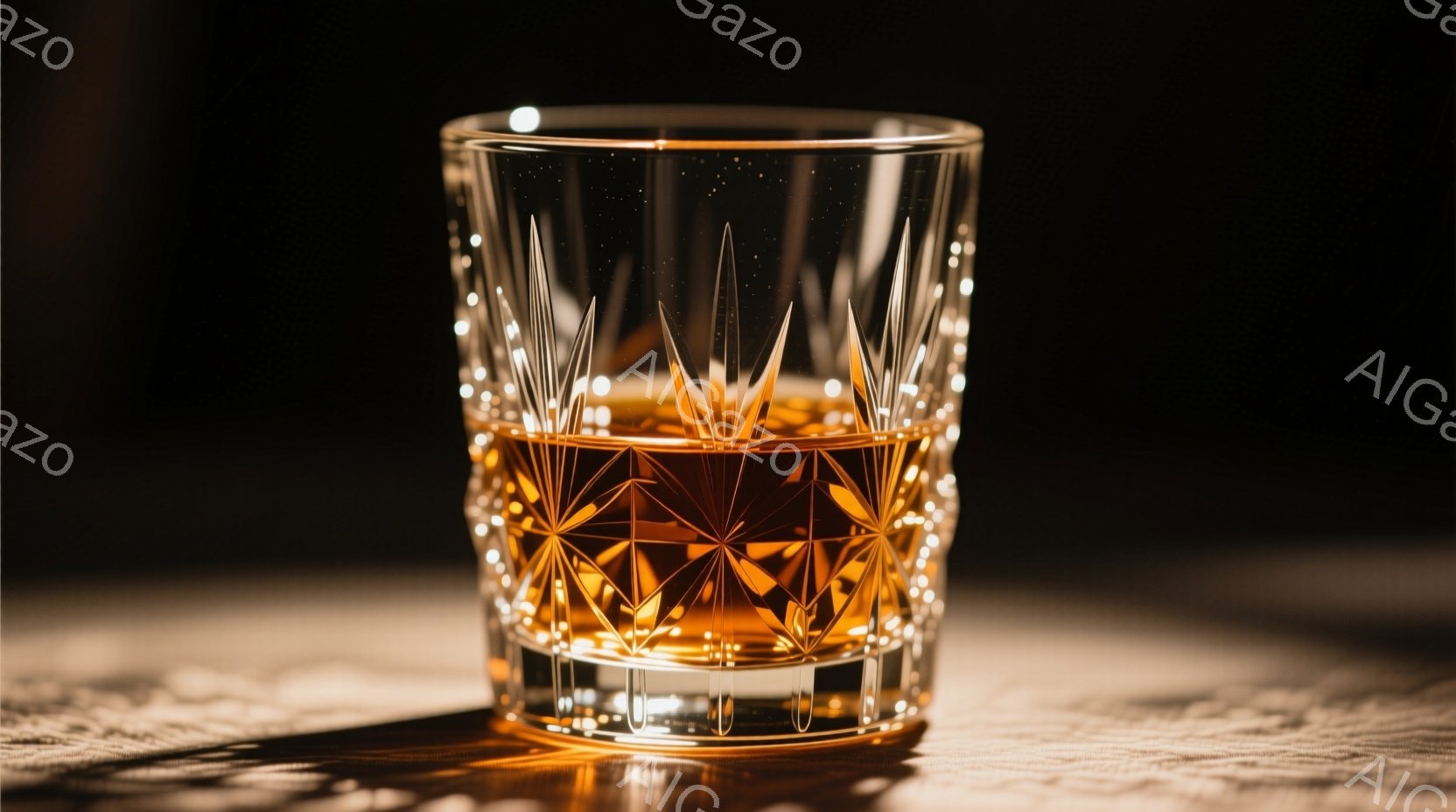 鮮やかな琥珀色の液体が、複雑なカットが施されたクリスタルグラスに満たされている。グラスの表面は光を反射し、周囲に美しい輝きを放っている。背景は暗く、グラスと影が際立ち、落ち着いた雰囲気を作り出している - AI生成フリー素材
