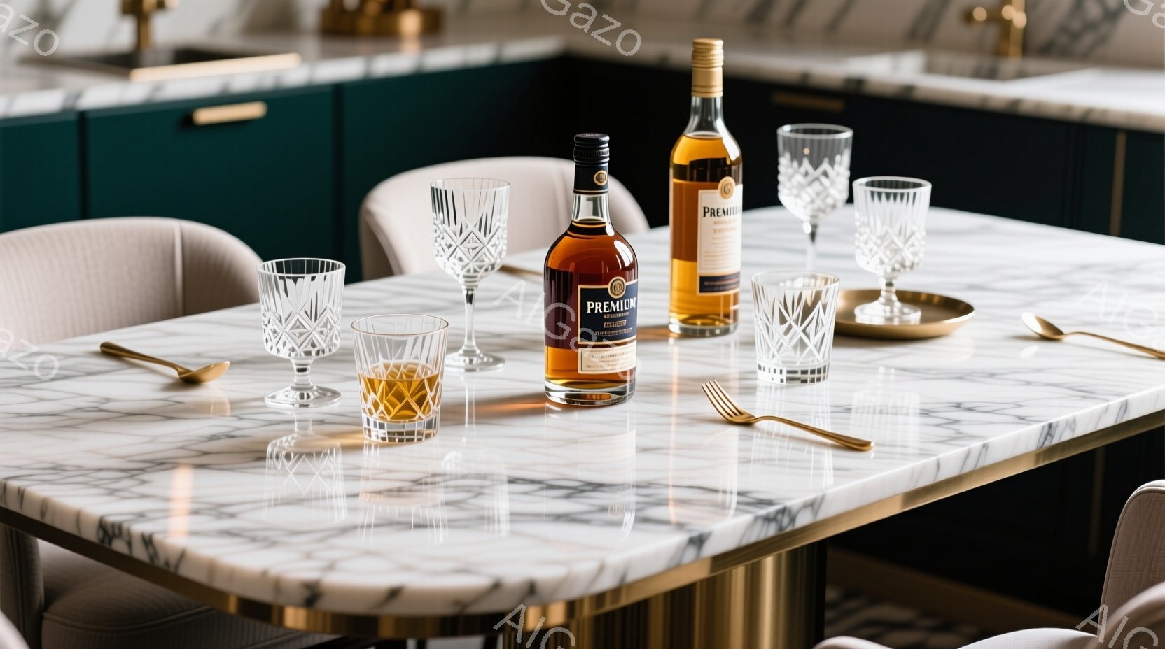 大理石模様のテーブルの上には、琥珀色のリキュールが入ったボトルとグラスが並べられています。金色のカトラリーが添えられ、背景には濃い緑色のキャビネットとベージュ色の椅子が見え、高級感と落ち着いた雰囲気を醸し出しています。全体的に洗練された大人のための空間を演出する写真です。