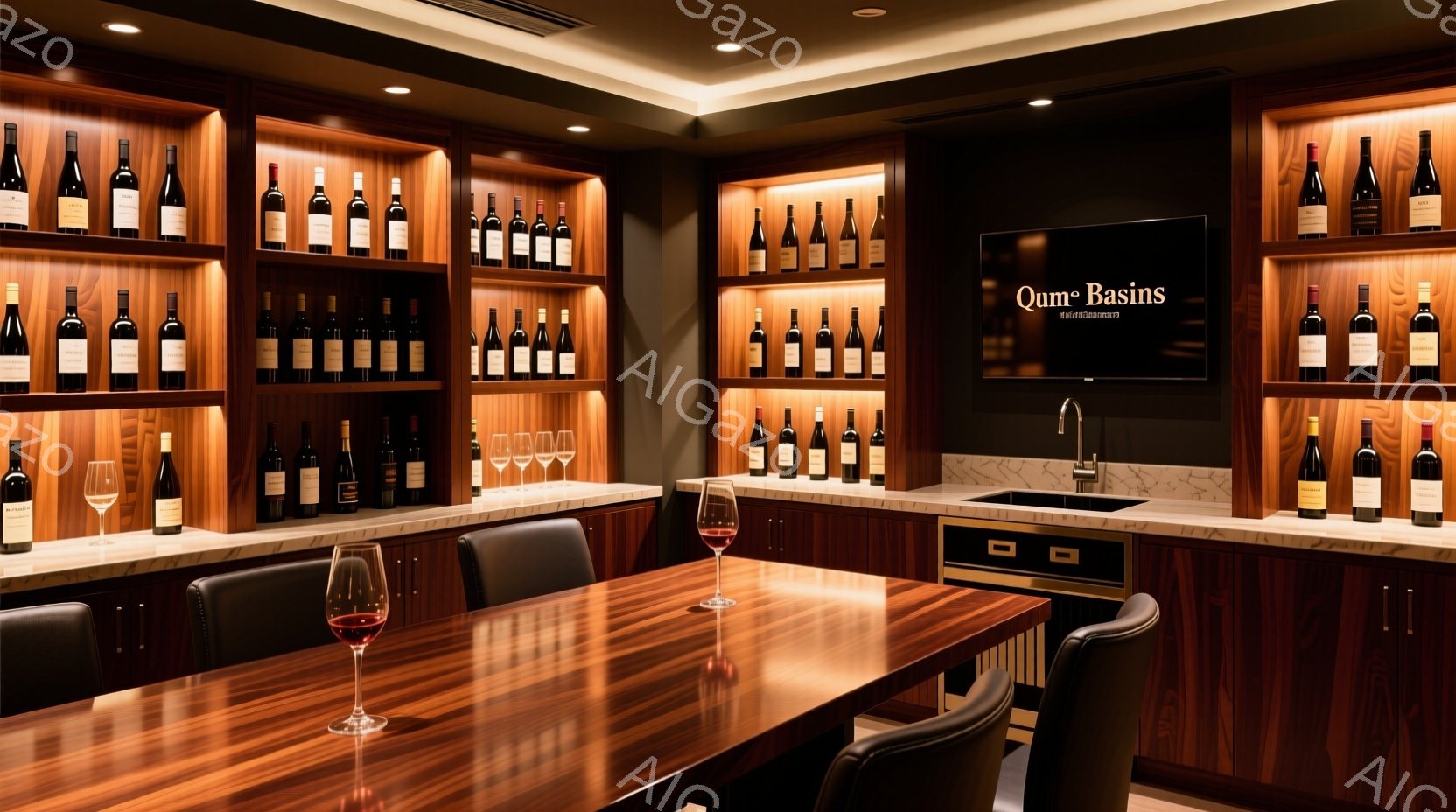 画像は、ワインセラーのような高級感のある空間を示しています。壁一面にワインボトルが並び、中央には磨かれた木製のカウンターと椅子が配置されています。全体的に暖色系の照明が施され、落ち着いた大人の雰囲気が - AI生成フリー素材