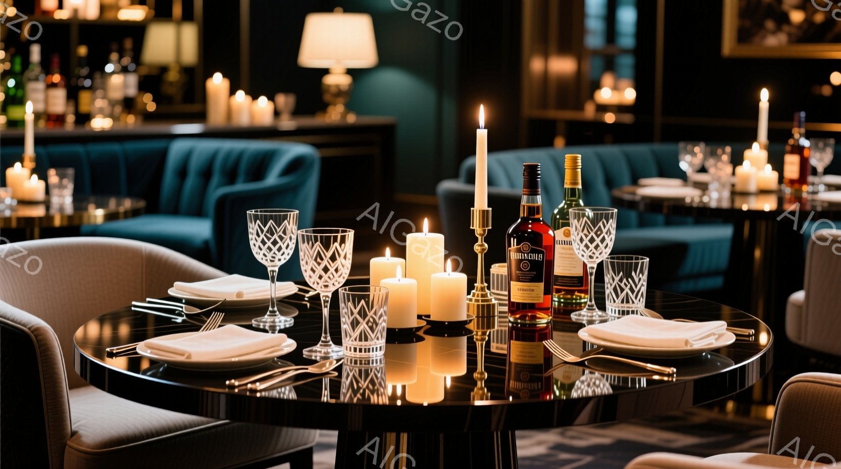 円形の光沢のあるテーブルには、白いテーブルクロス、銀色の食器、ワイングラス、そして様々な高さのキャンドルが置かれています。背景にはベルベットの濃い青色のソファと、ぼんやりとしたバーカウンター、そして壁に飾られたボトルが見え、高級感のある落ち着いた雰囲気を作り出しています。全体的に暖色系の照明が、洗練されたレストランの優雅な空間を強調しています。