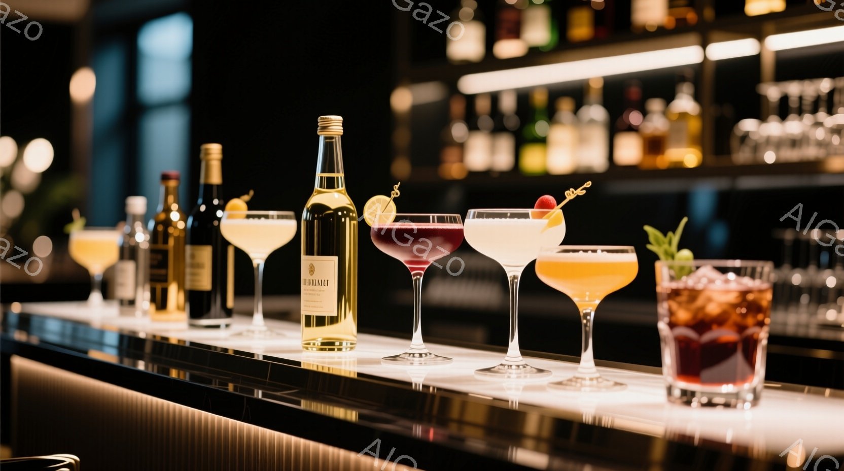 光沢のある濃い木製のカウンターの上に、様々なカクテルが並べられています。オレンジ、赤、透明など色とりどりの飲み物が、洗練されたグラスやボトルに収められ、バーの背景がぼやけて見えます。全体的に高級感があ - AI生成フリー素材