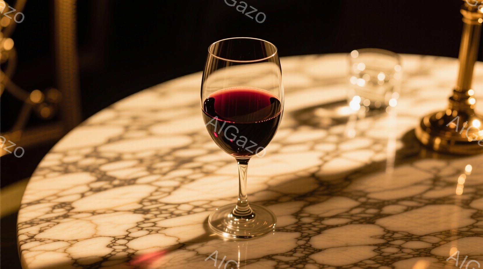大理石柄のテーブルの上に、赤ワインが注がれたワイングラスが置かれている。グラスの近くには別のグラスがぼんやりと見え、背景にはゴールドの装飾がわずかに見える高級感のある雰囲気だ。全体的に暖色系の照明が使 - AI生成フリー素材
