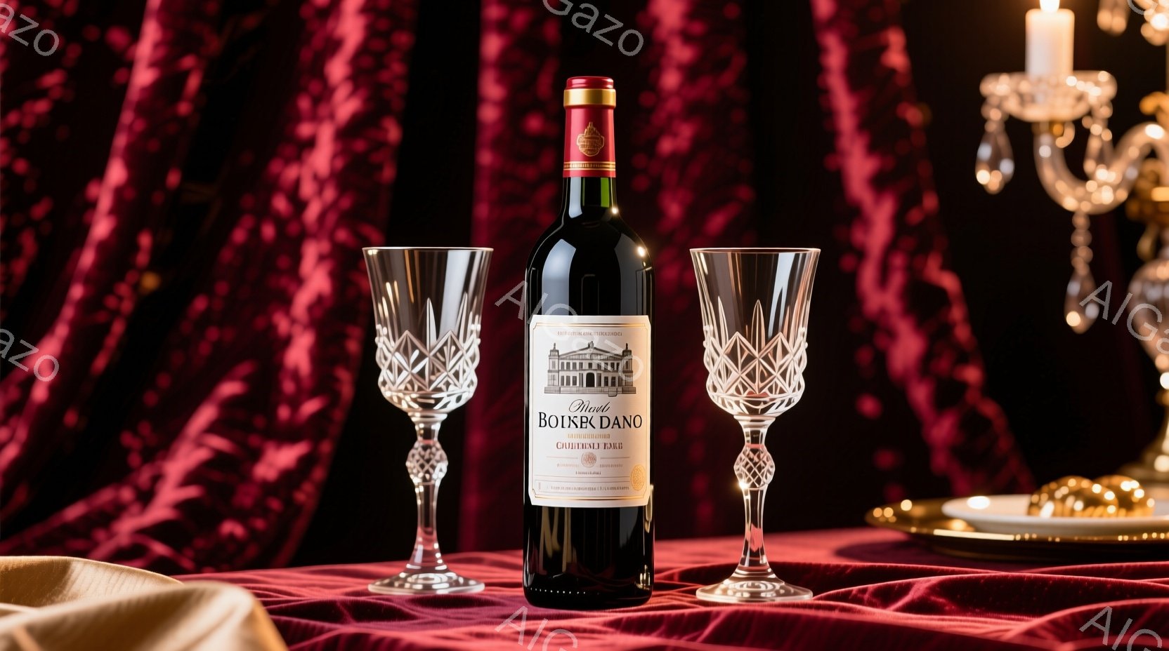 深紅色のベルベットのような背景に、ワインボトルと2つのクリスタルグラスが配置されています。ワインボトルには「ボーク・ダノ」と書かれたラベルが貼られており、光沢のある深い赤色が印象的です。背景にはぼんやりと金色の装飾が映り込み、豪華で洗練された雰囲気を醸し出しています。