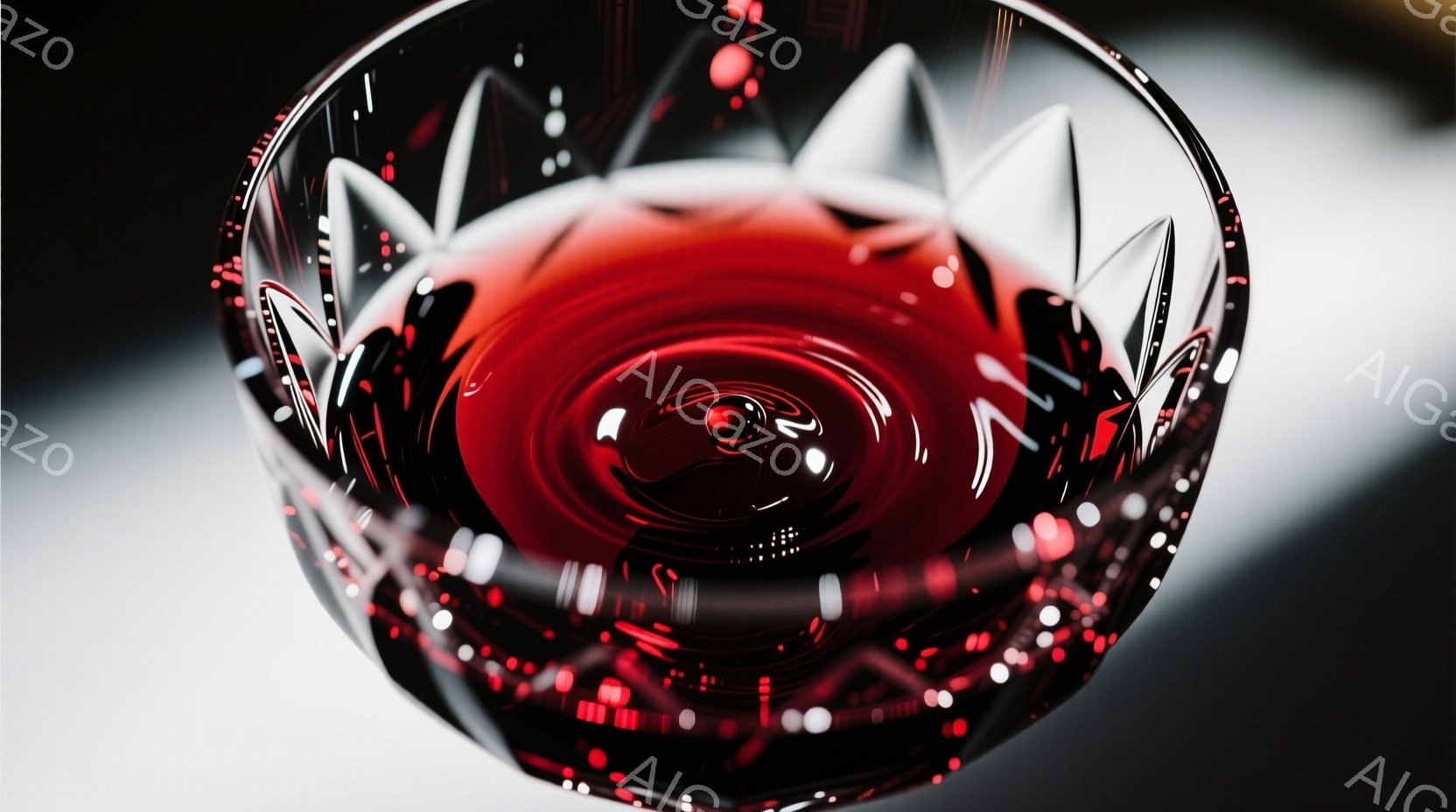 鮮やかな赤ワインが、複雑なカットが施されたグラスの中で渦巻いている様子が捉えられています。ワインの表面には、水滴がキラキラと輝き、グラスの縁から光が反射して、優雅で洗練された雰囲気を醸し出しています。背景は暗くぼやけており、ワインとグラスが際立っています。