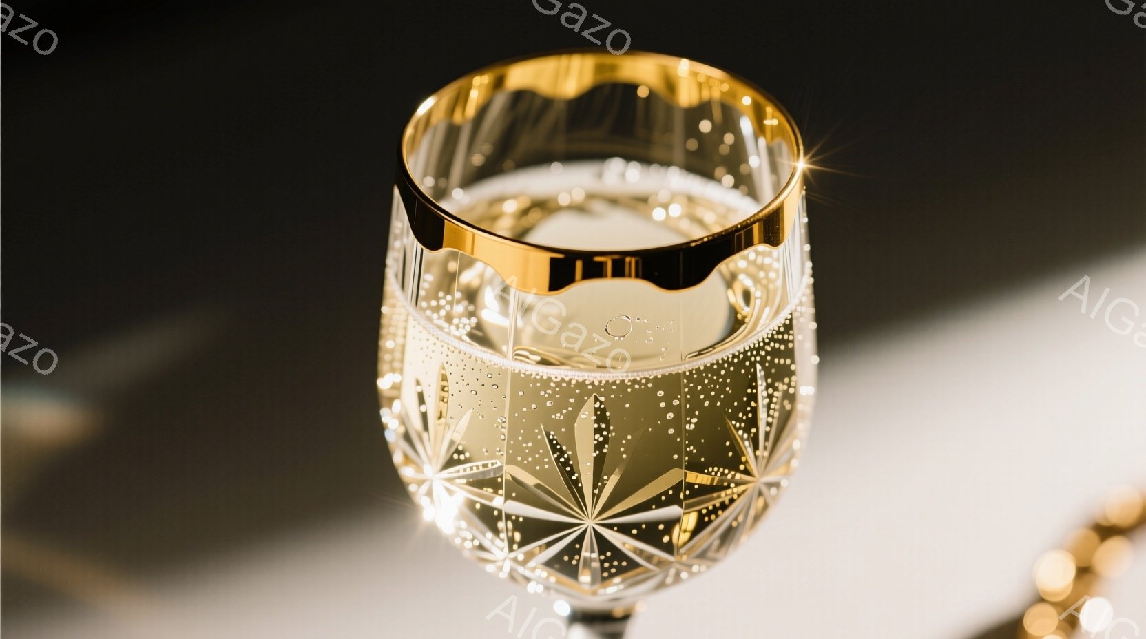 豪華なシャンパングラスが焦点であり、繊細なカットガラスが光を捉え、内部の泡立つ液体が煌めいている。グラスの上部は金色の縁取りが施されており、背景はぼやけていて、グラスと液体の輝きを際立たせている。全体 - AI生成フリー素材