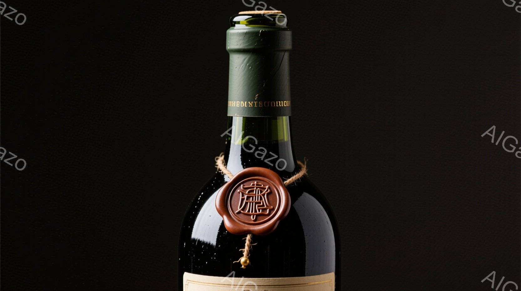 濃い赤色のワインボトルが、暗い背景に浮かび上がっています。ボトルの首元には、赤い蝋で封印されたラベルがあり、麻紐で結ばれており、アンティーク感と高級感を醸し出しています。ボトルは光沢があり、全体的に落ち着いた、洗練された雰囲気を演出しています。