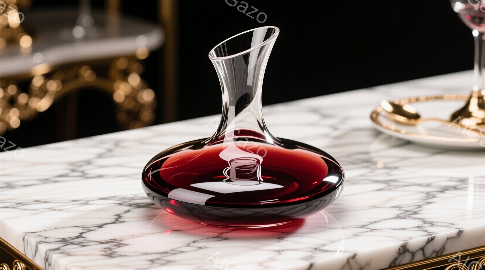 鮮やかなワインが、丸みを帯びたデキャンタの中で渦巻いている様子が捉えられています。デキャンタは白い大理石のようなカウンターの上に置かれており、背景には金色の装飾が施された家具がぼんやりと見えます。全体的に、洗練された優雅な雰囲気を醸し出しています。