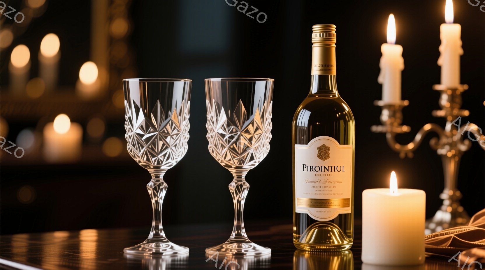 画像には、磨かれた木製のテーブルの上に、細部まで美しいクリスタルのワイングラス2つとワインボトルが配置されています。背景は暗く、ぼやけたキャンドルの光が暖かくロマンチックな雰囲気を醸し出しており、ボト - AI生成フリー素材