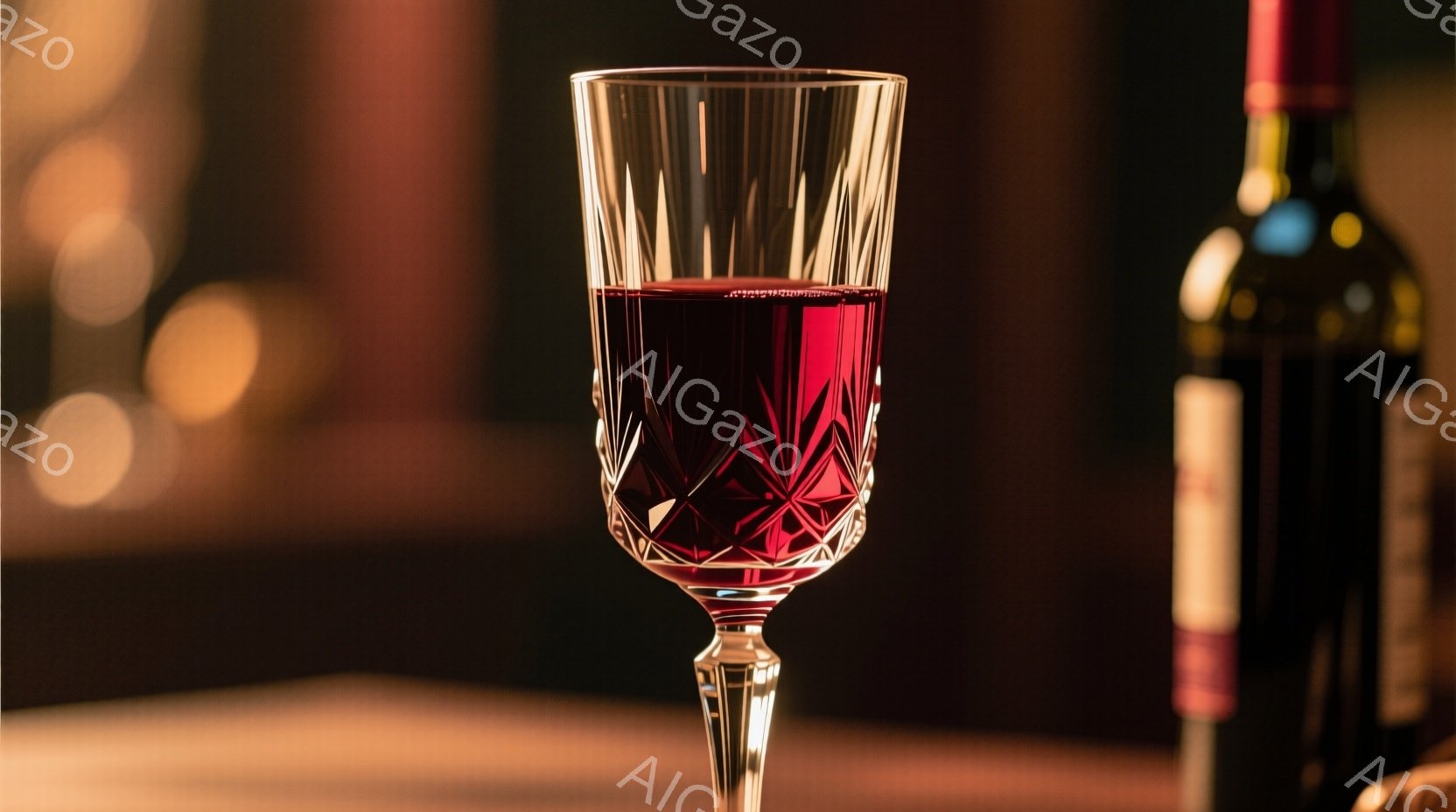 鮮やかな赤ワインが、カットグラスのワイングラスに満たされている。背景にはぼかしのある暗い空間が広がり、ワインボトルがグラスの横にわずかに見える。全体的に、落ち着いた雰囲気で、特別な日のディナーやワイン - AI生成フリー素材
