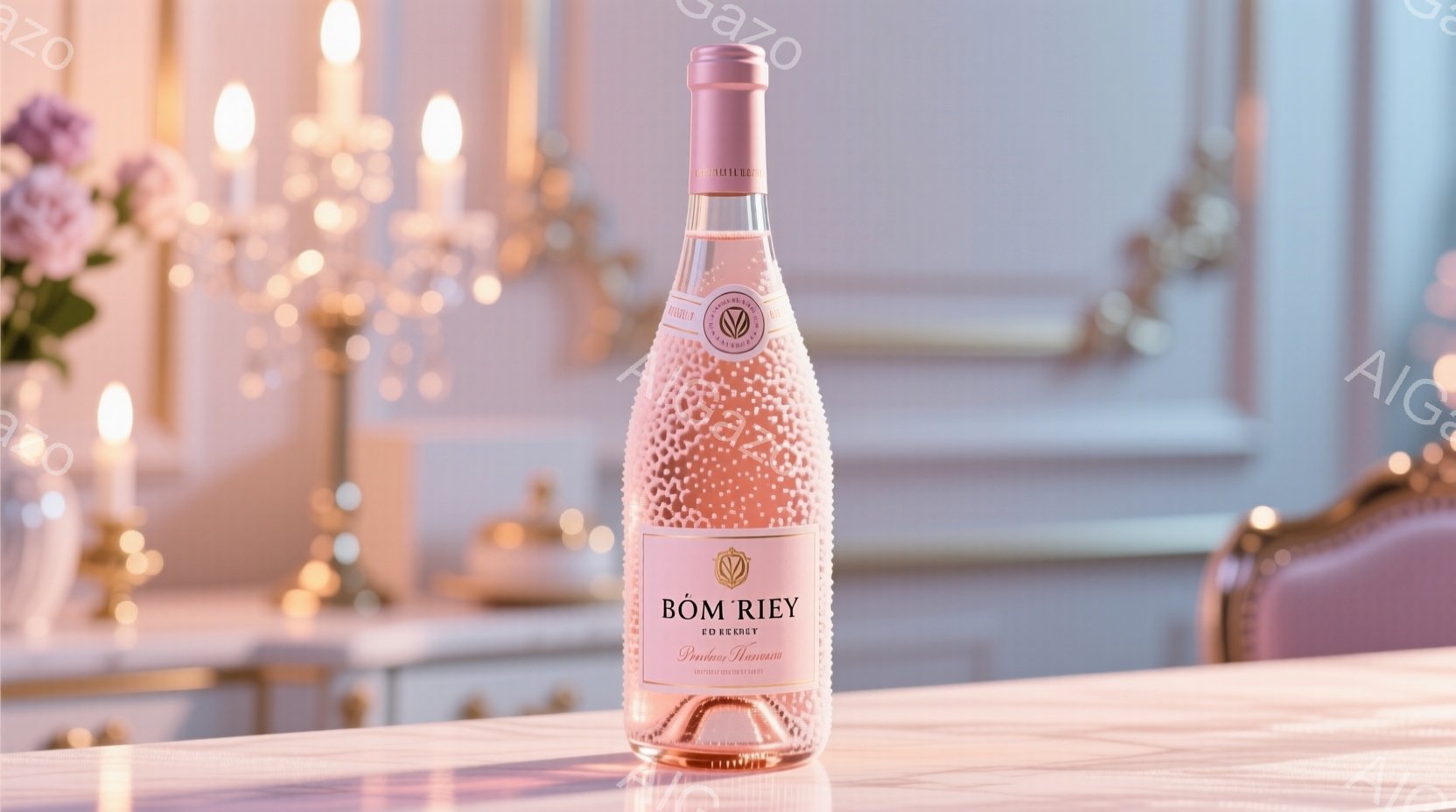 華やかなピンクゴールドのワインボトルが、光沢のあるピンクの表面に置かれています。背景は、淡いピンク色の壁と、複数の金色のキャンドルによって、ロマンチックで贅沢な雰囲気が演出されています。全体的に、上品 - AI生成フリー素材