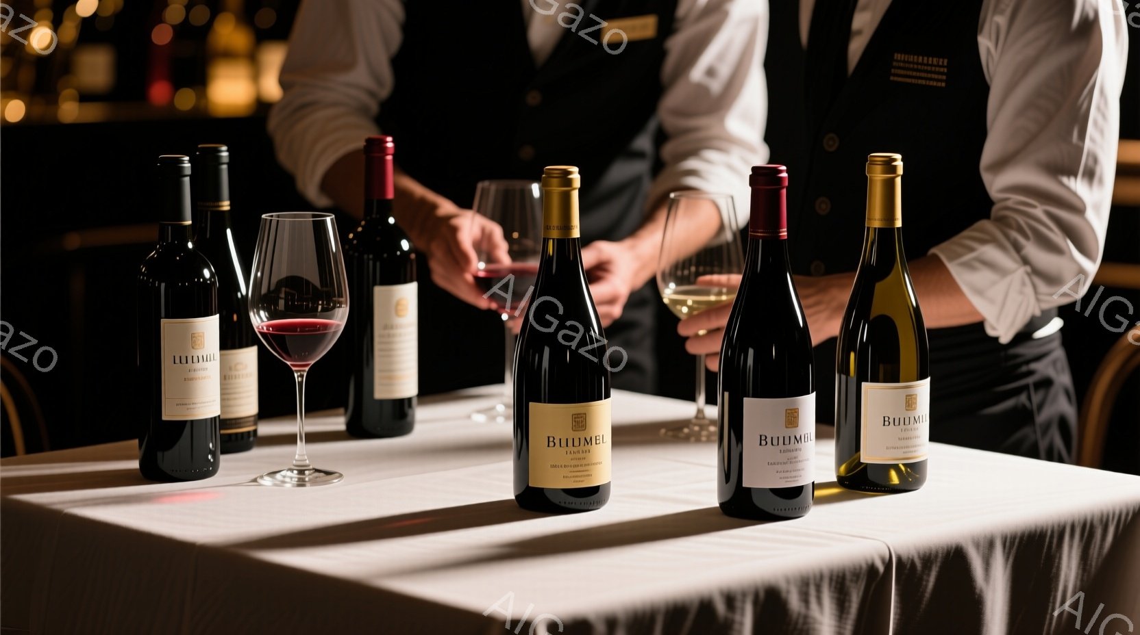 白いテーブルクロスの上に、様々な種類のワインボトルとグラスが並べられています。奥には、白いシャツと黒いベストを着たウェイターがワインを注いでいる様子が見え、上品で洗練された雰囲気が漂います。背景は暗く、ワインボトルとウェイターが際立っており、高級感のあるレストランのシーンを捉えています。