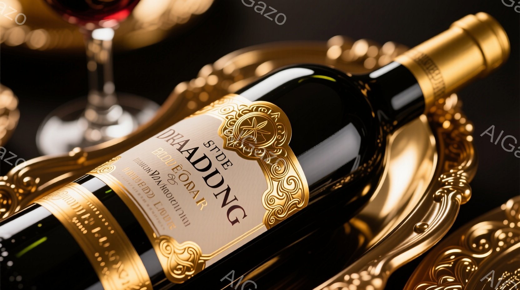深い赤色のワインボトルが、豪華な金色の装飾に囲まれて描かれています。ボトルのラベルには、優雅な書体で「DRADDONG」と書かれており、背景は暗く、ボトルと装飾が際立っています。全体的に、富と贅沢、洗練された雰囲気が漂うイメージです。