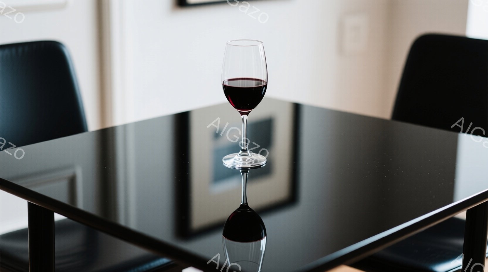 黒いテーブルの上に、赤ワインが入ったグラスが置かれている。テーブルの表面は鏡のように光沢があり、グラスとワインが反転して映り込んでいる。背景には、椅子のシルエットと、ぼやけた絵画が見え、落ち着いた雰囲気のダイニングルームの一部のようだ。