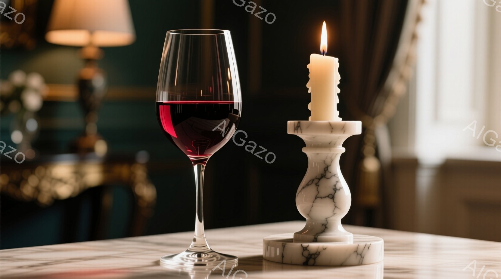赤ワインが注がれたグラスと、大理石製の燭台に灯されたキャンドルが、光沢のある大理石のテーブルの上に並べられています。背景には、装飾的な家具と窓が見え、落ち着いた内装の部屋の様子が伺えます。全体的に、暖 - AI生成フリー素材