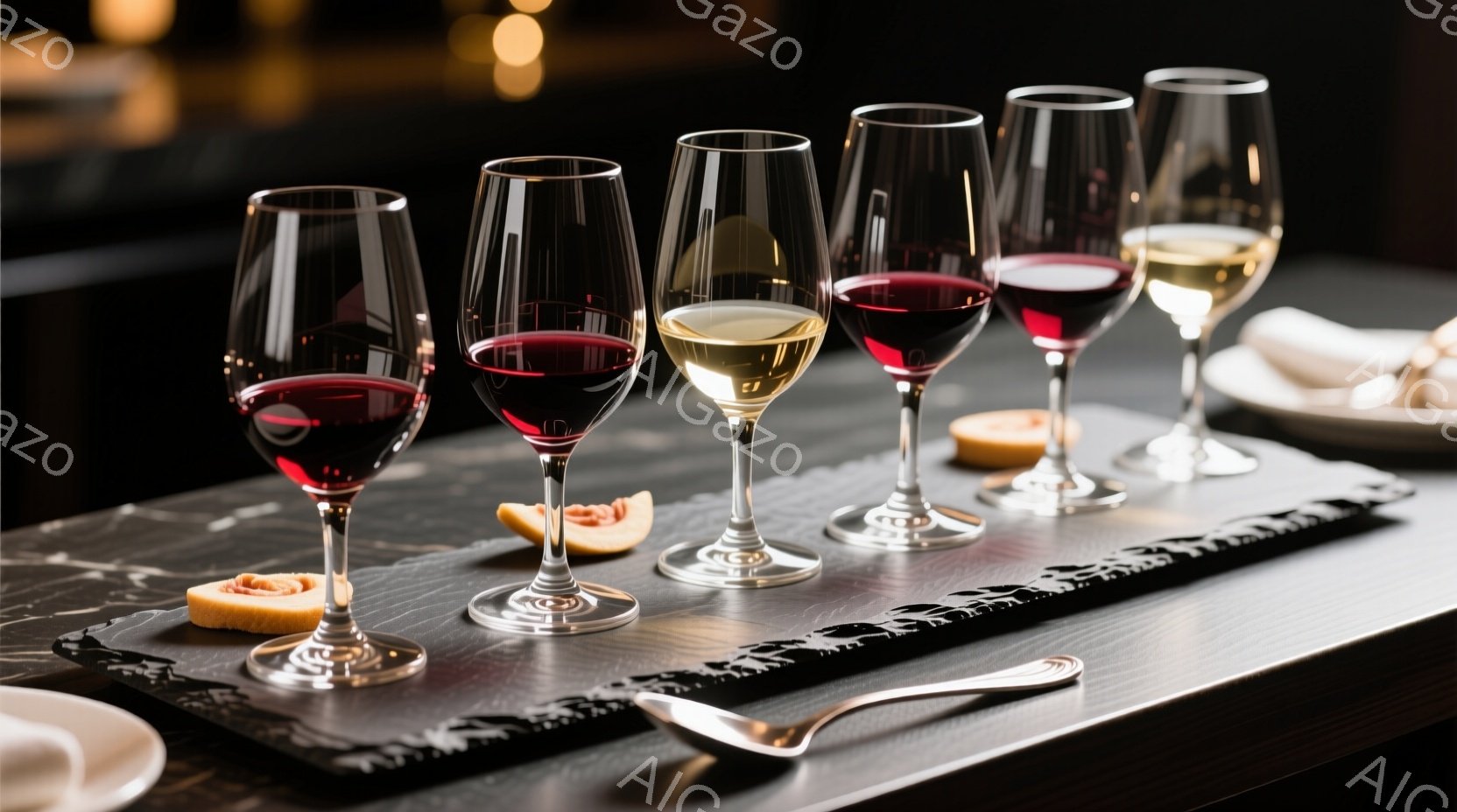 漆黒のテーブルに、様々な色のワイングラスが並べられています。赤ワイン、白ワインがそれぞれグラスに注がれ、テーブルの上には軽食のようなものが添えられています。全体的に落ち着いた雰囲気で、高級レストランや - AI生成フリー素材