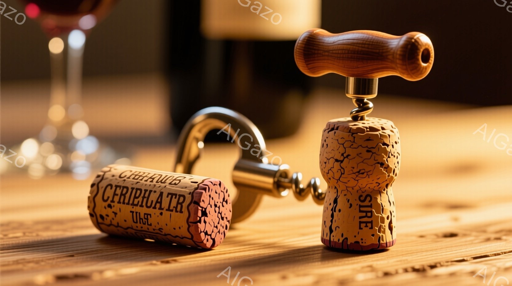 画像は、木製のテーブルの上に置かれたワインオープナーとコルクを示しています。コルクには、「CHATEAU」と「SIDRE」という文字が刻印されており、使用済みの跡がはっきりと見えます。背景には、ワイングラスとワインボトルがぼやけており、暖かく落ち着いた雰囲気を醸し出しています。