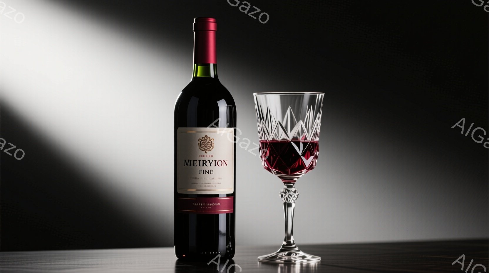深い赤色のワインボトルと、そのワインを注いだグラスが、濃いグレーのテーブルの上に置かれている。ボトルには「MEIRYION FINE」と書かれたラベルが貼られており、グラスは複雑なカットガラスで、ワイ - AI生成フリー素材