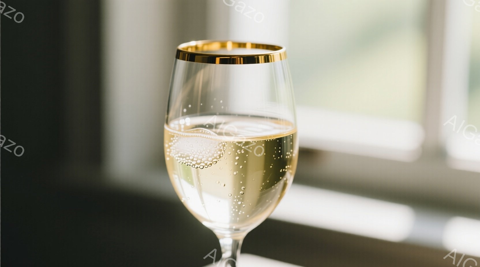 光沢のあるステムウェアに、気泡が立ち上る淡い色の液体が入っています。グラスの縁は金色の装飾が施され、高級感と優雅さを醸し出しています。背景はぼやけていますが、窓からの自然光が差し込み、全体的に明るく、洗練された雰囲気を演出しています。