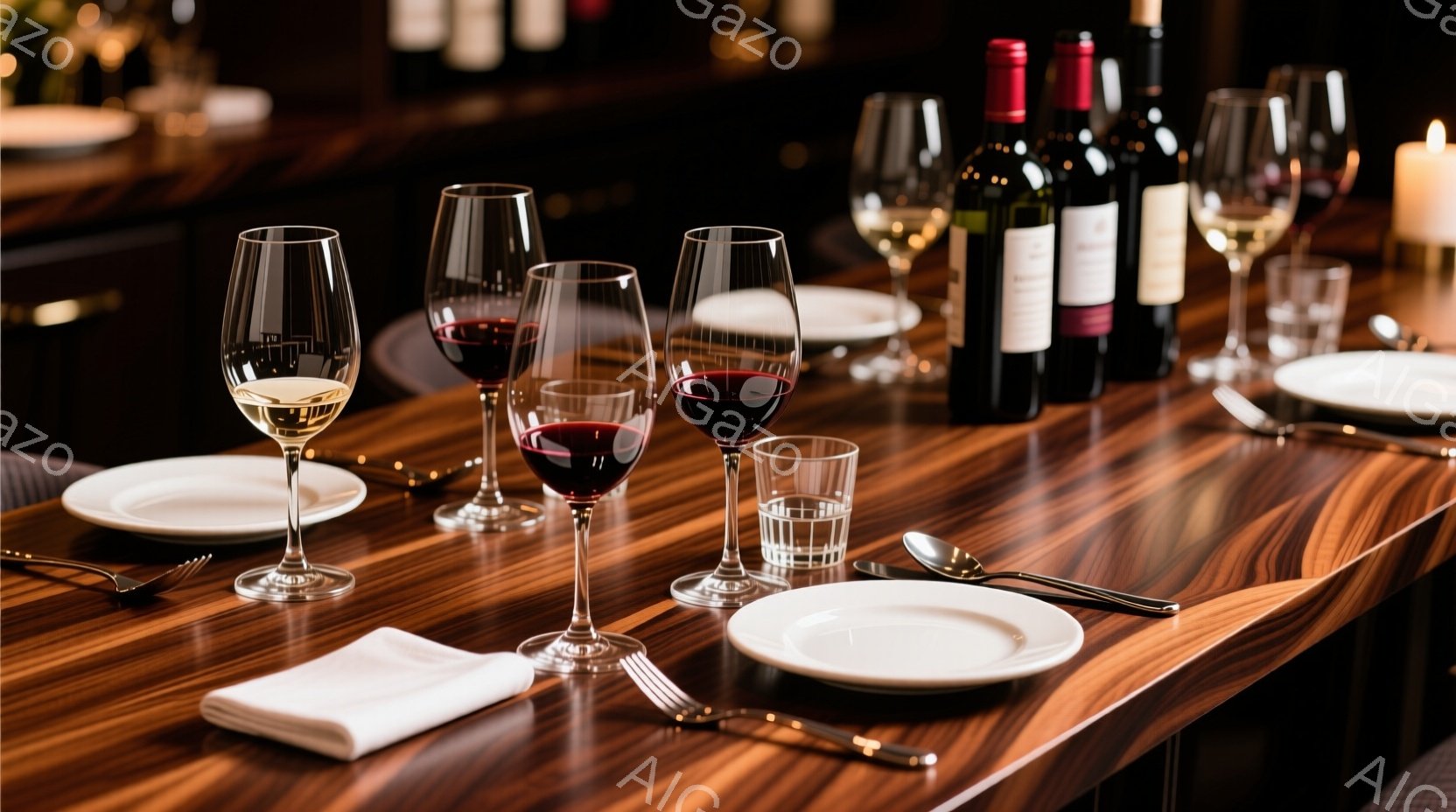 豪華な木製のテーブルには、様々なワイングラスと食器が整えられています。赤ワインと白ワインのグラスが並び、洗練されたダイニングの準備が整っている様子が伺えます。背景は暗く、テーブルの上のグラスや食器が際立っており、落ち着いた大人の雰囲気です。