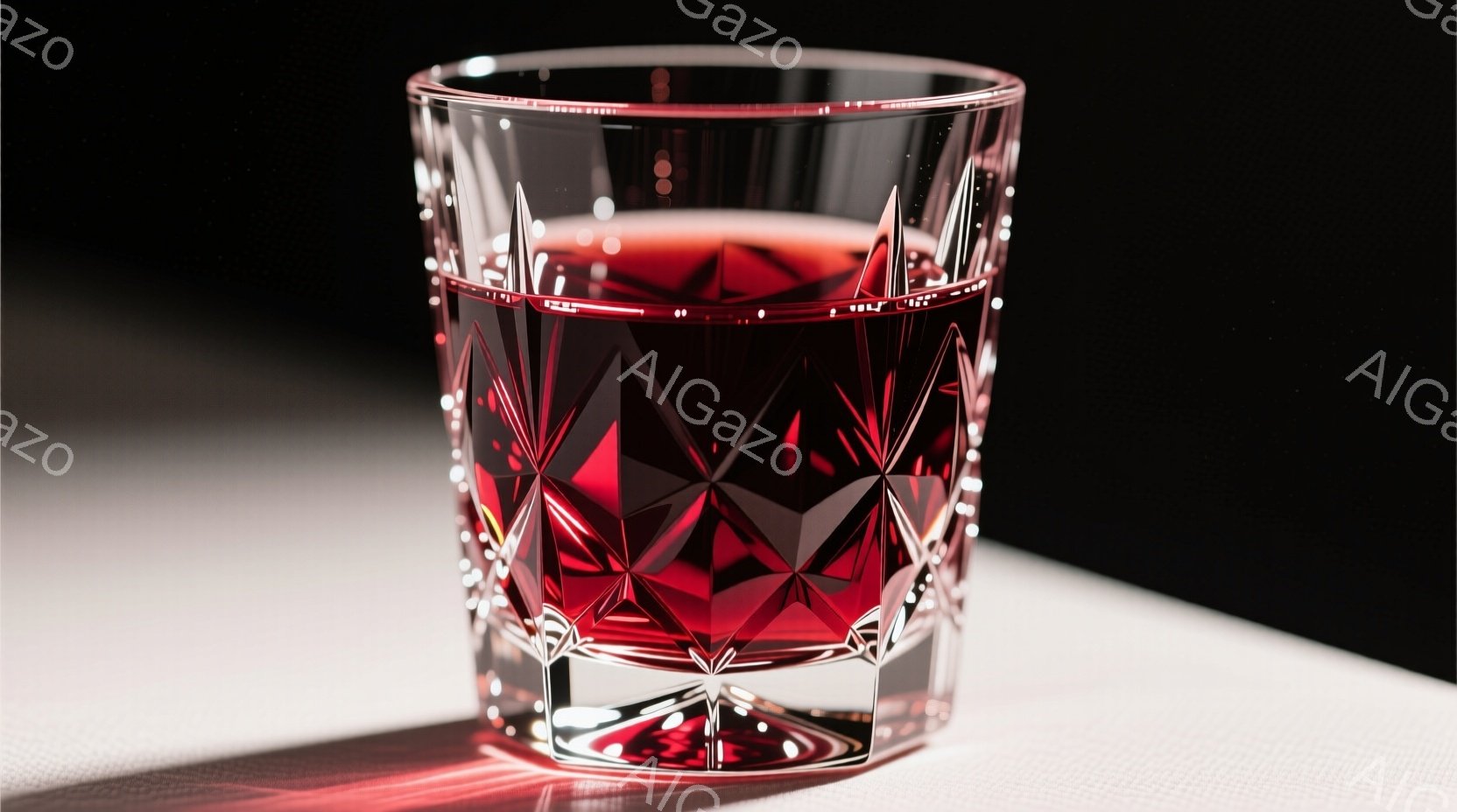 美しいカットグラスに深紅の液体が入っており、光を反射して輝いている。グラスは白く光沢のある台の上に置かれ、暗い背景とのコントラストが際立っている。 全体的に、洗練された雰囲気で、高級感と優雅さを感じさ - AI生成フリー素材