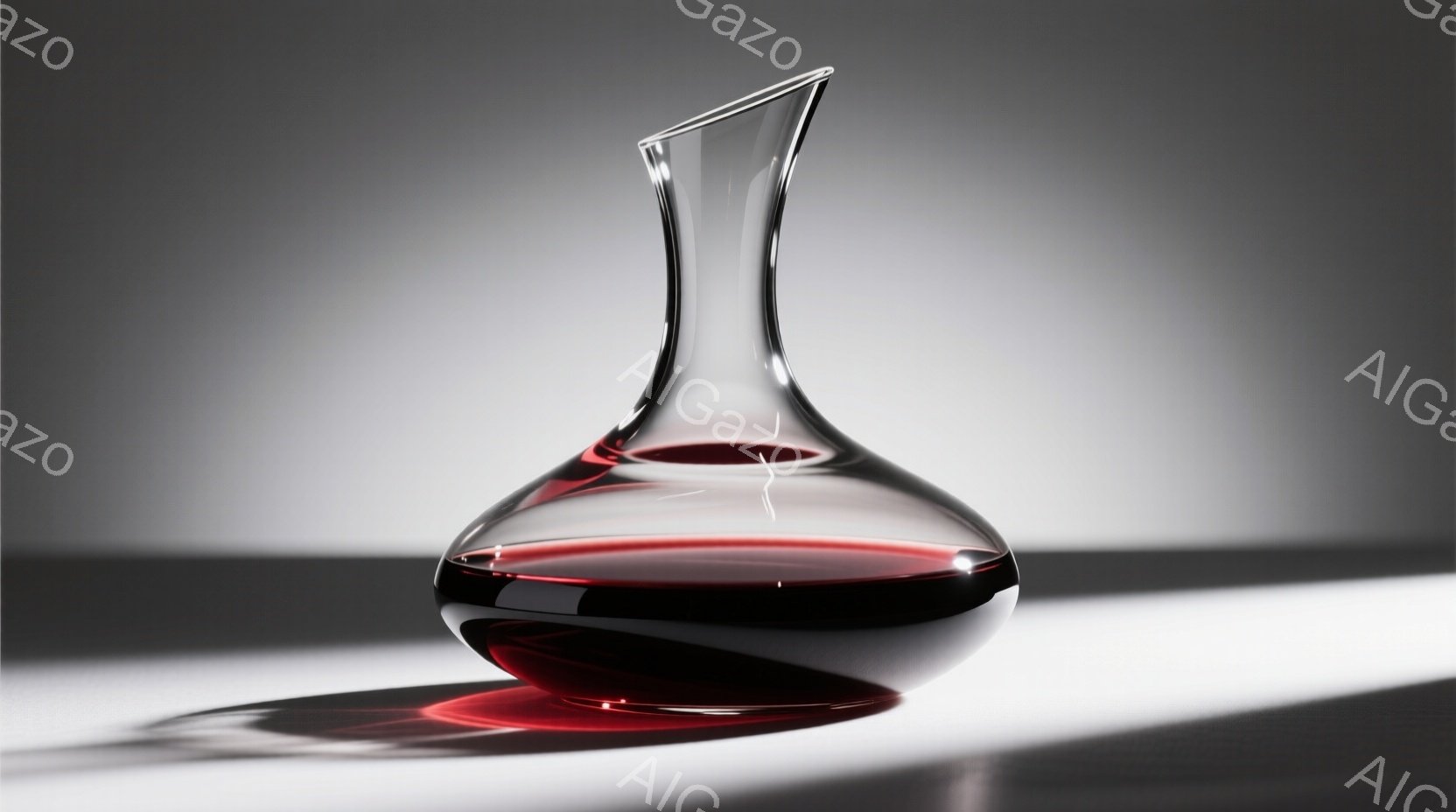 赤ワインが半分ほど入ったデキャンタが、白い台の上に置かれている。強い光が左上から差し込み、デキャンタの曲線とワインの深紅の色を際立たせ、影が長く伸びている。背景はグラデーションで、全体的に洗練された、 - AI生成フリー素材