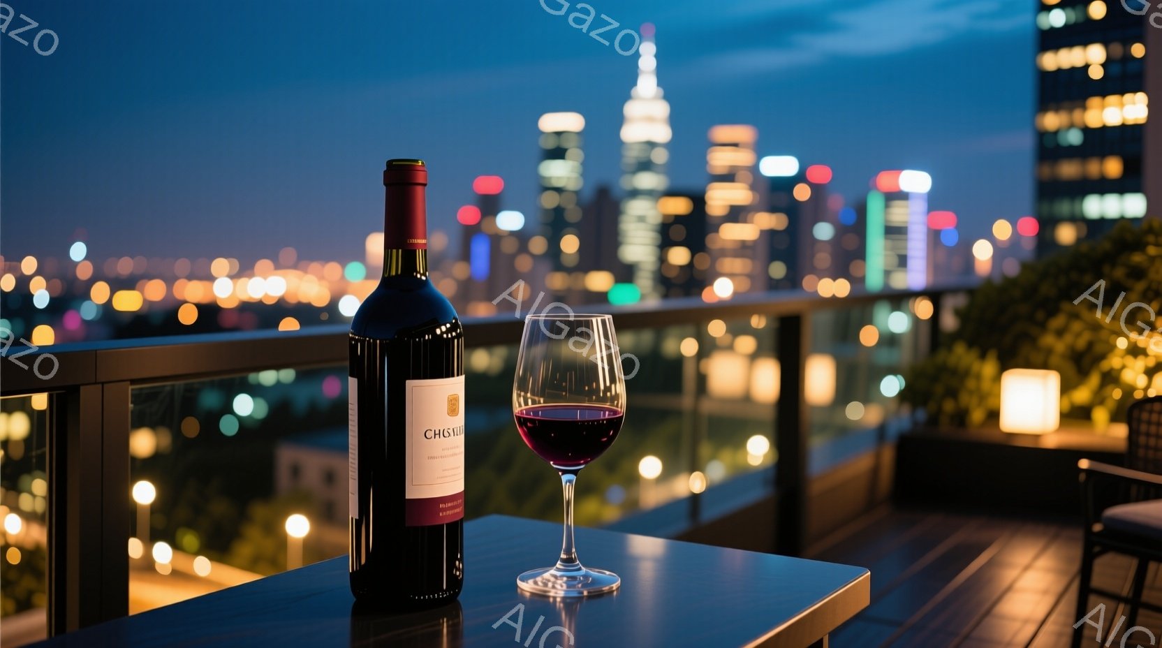 屋上テラスに置かれた赤ワインボトルとグラスが印象的な写真です。背景には夜景が広がり、高層ビル群がライトアップされています。落ち着いた色調と夜景の光が、洗練された大人の雰囲気を醸し出しています。