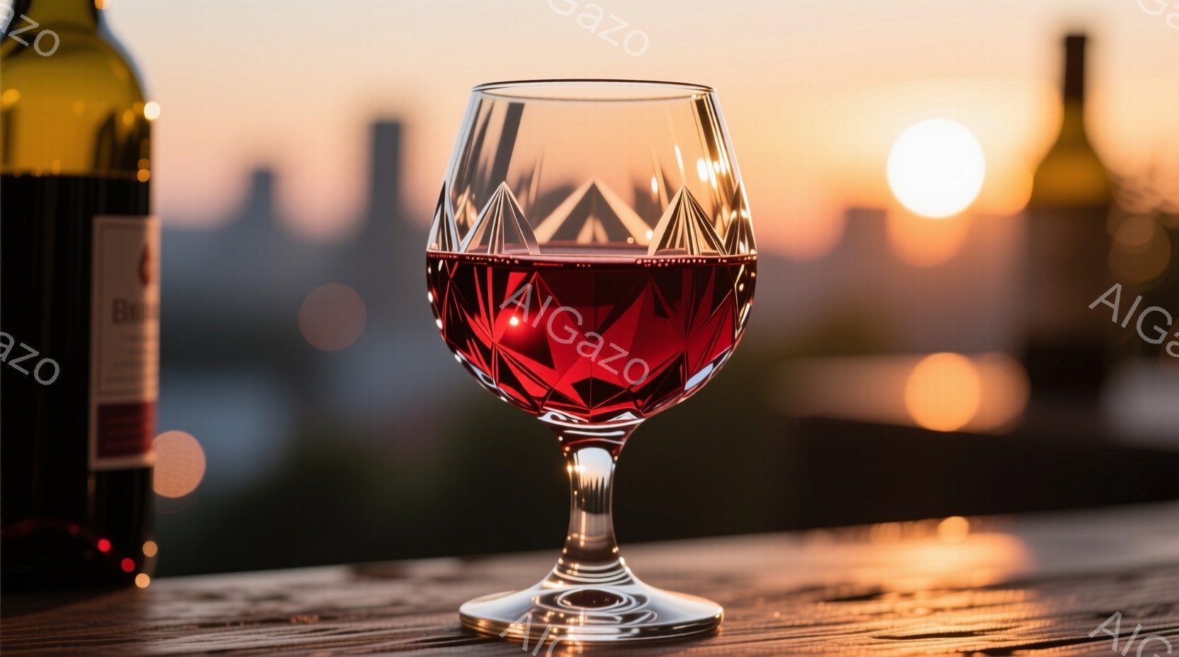 鮮やかな赤いワインが、複雑なカットが施されたワイングラスに満たされている。背景には夕焼けとぼやけた都市のスカイラインが見え、木製のテーブルの上に置かれたグラスは暖かく照らされている。全体的に、落ち着いた、優雅な雰囲気で、ワインを楽しむリラックスしたひとときを想起させる。