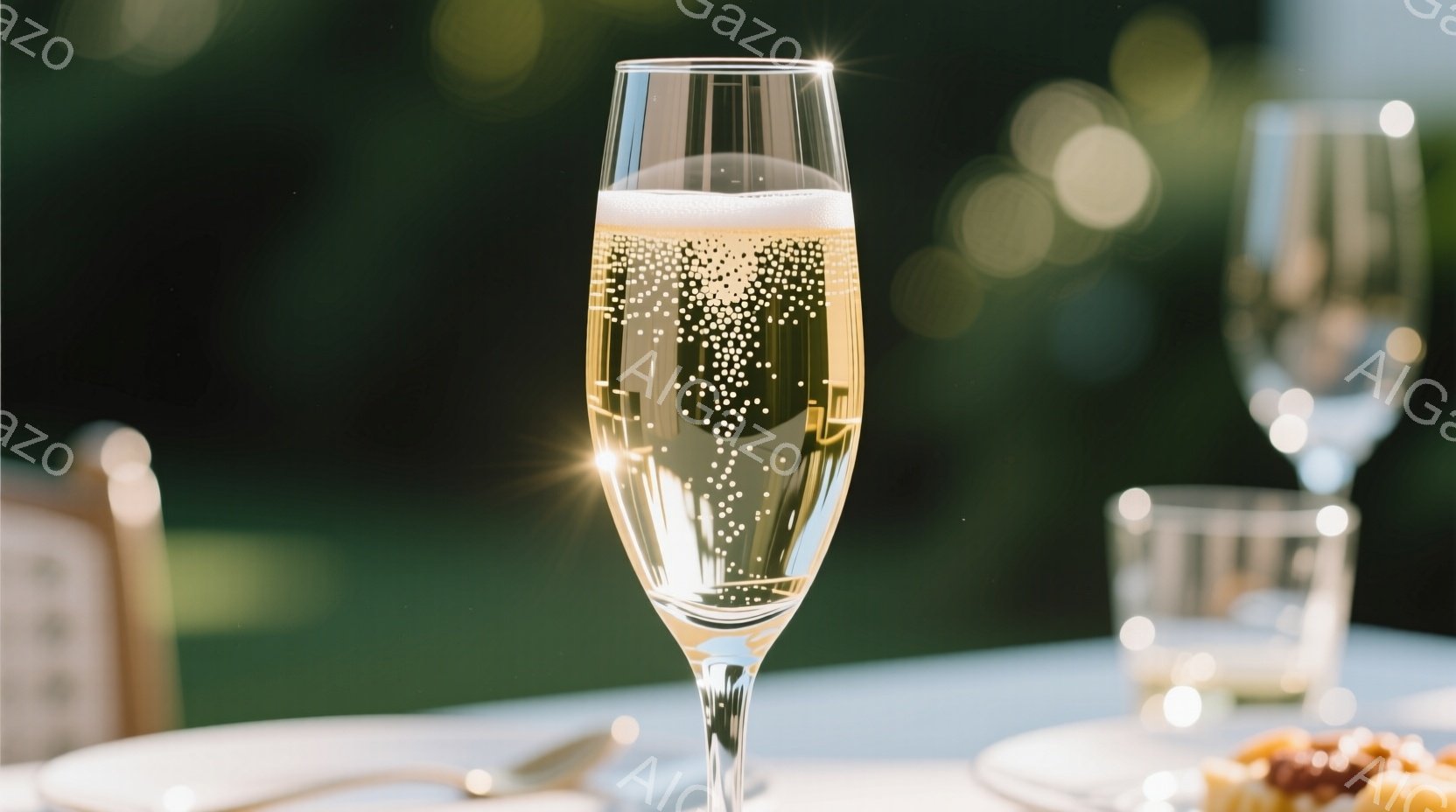 テーブルの上には、シャンパンが注がれたフルートグラスが輝いている。グラスの背後には、他のグラスや皿、そして何種類かのデザートが見え、背景には緑豊かな自然がぼやけており、穏やかで優雅な雰囲気を醸し出している。光の加減から、高級なレストランや特別なイベントの一場面を切り取った写真であることが想像できる。