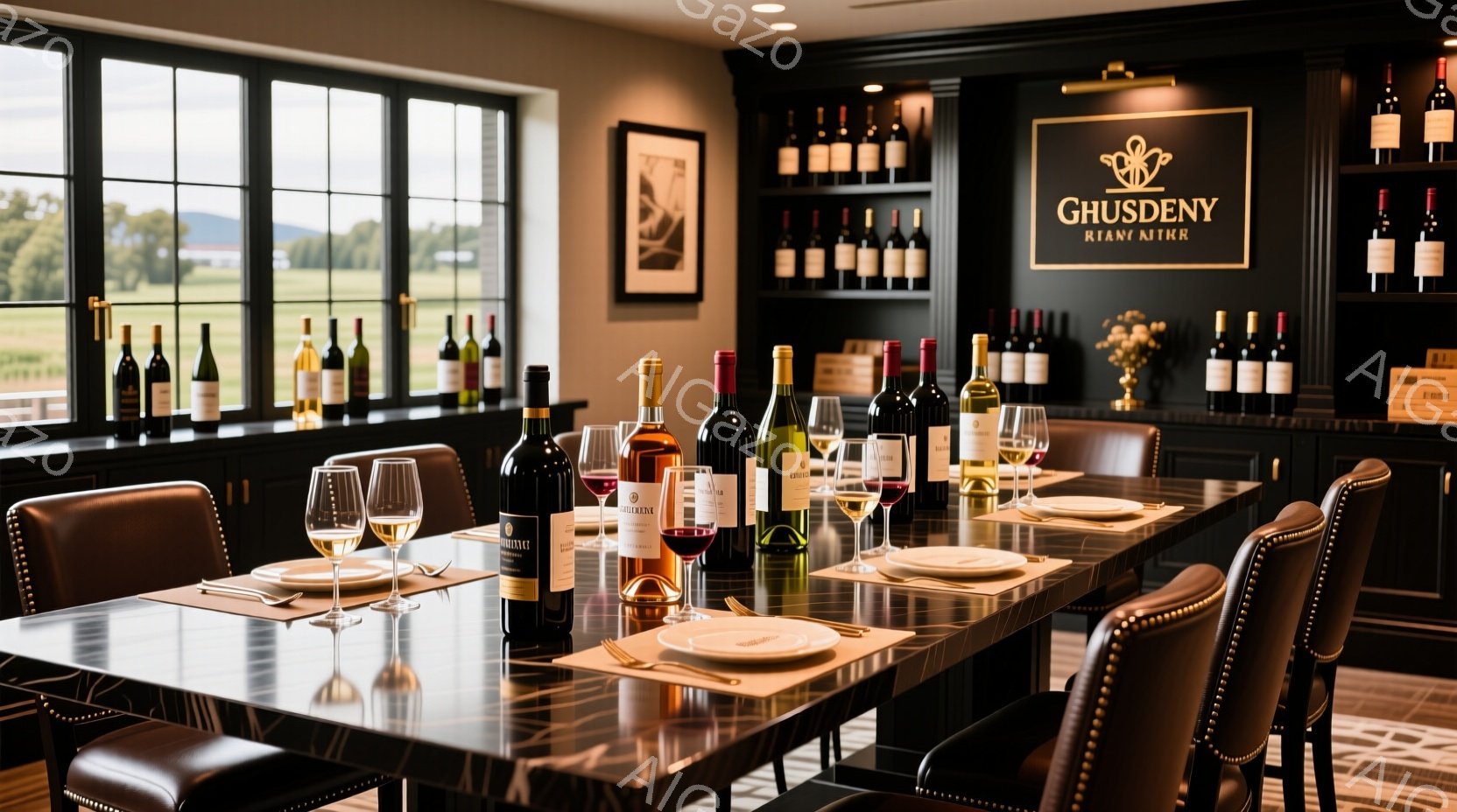 長い木製のテーブルが部屋の中央にあり、複数のワインボトルとグラスが整然と並べられています。背景にはワインボトルが並んだ棚があり、大きな窓からは緑豊かな風景が見え、晴れた日の穏やかな雰囲気を醸し出しています。深紅色の椅子がテーブルの周りを囲み、上品で洗練されたワインテイスティングの空間を演出しています。