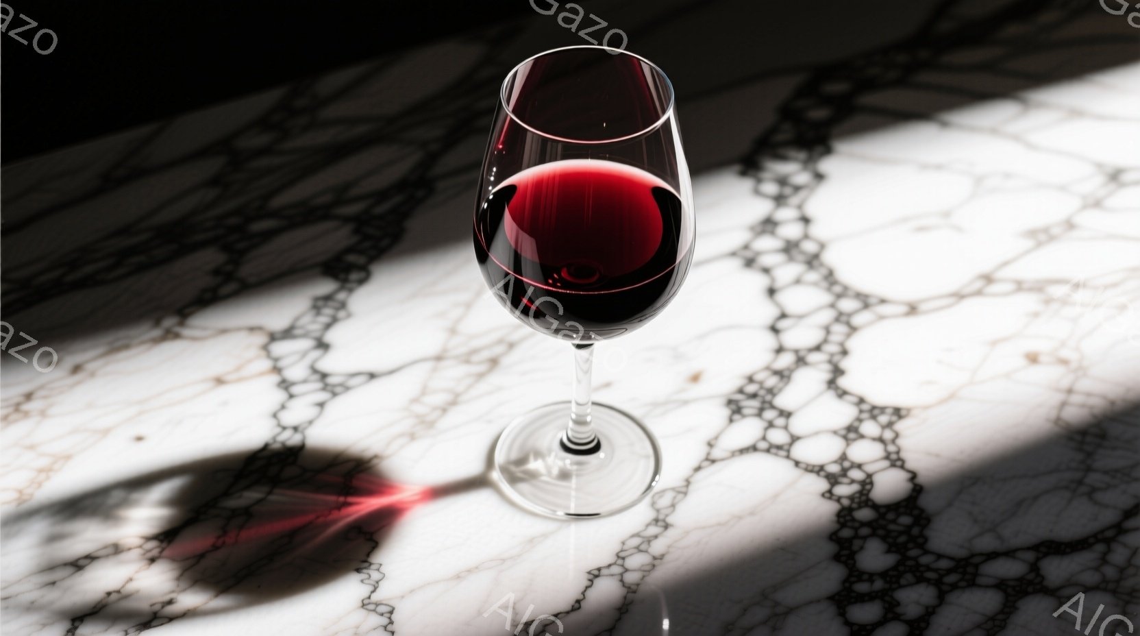白い大理石のような背景に、赤いワインが注がれたワイングラスが置かれている。グラスは光を受けて輝き、ワインの深紅の色が際立っている。影がグラスの形状を強調し、モダンで洗練された雰囲気を醸し出している。 - AI生成フリー素材