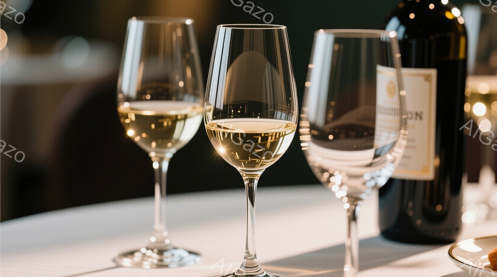 テーブルの上には、白ワインが注がれたグラスが二つ並び、背後にはワインボトルが置かれている。グラスの中のワインは黄金色に輝き、繊細な脚を持つグラスが優雅さを醸し出している。背景は暗くぼやけており、フォーマルで落ち着いたレストランの雰囲気が漂う。