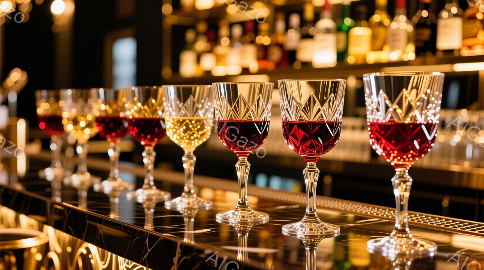 画像には、カウンターの上に並べられた、様々な色の液体が入った美しいワイングラスが写っている。グラスは複雑なデザインで、光を反射して輝いている。背景にはぼやけたバーカウンターと酒瓶が見え、豪華で洗練され - AI生成フリー素材