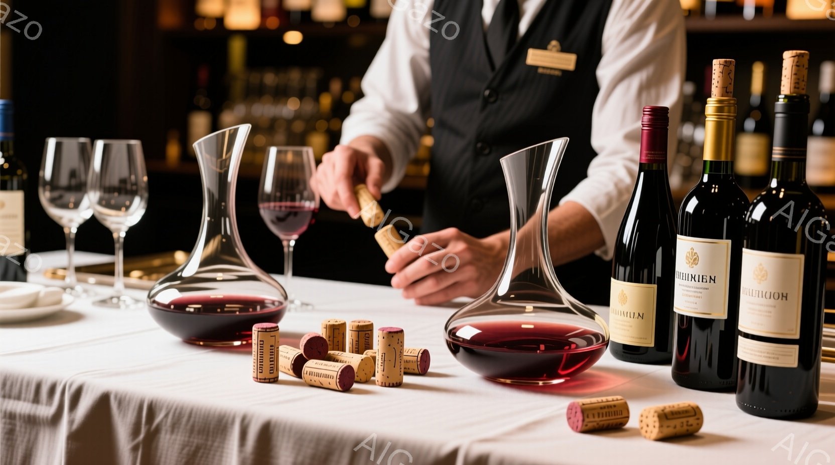 白いシャツに黒いベストを着用した男性が、ワインボトルからワインをデキャンタに移し替えている様子が写っている。テーブルの上には、いくつかのワイングラスとコルクが並べられており、背景にはワインボトルが並んだ棚が見える。全体的に落ち着いた雰囲気で、高級レストランやワインセラーのような空間を連想させる。