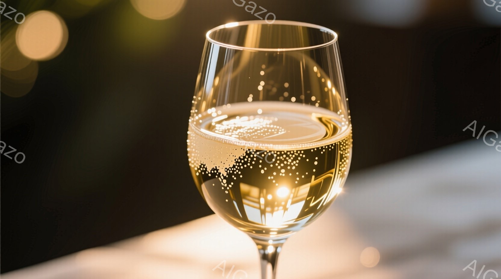 シャンパンやスパークリングワインのような、気泡の立つ黄金色の液体が、優雅な脚を持つワイングラスに満たされている。グラスは柔らかい光に照らされ、背景はぼやけており、暖かく落ち着いた雰囲気を作り出している。光の玉のようなぼかしは、お祝いや特別な機会を暗示している。