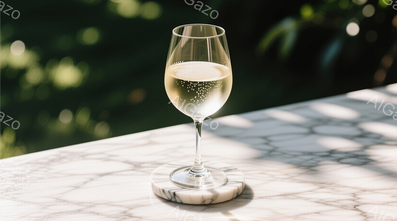 白大理石のテーブルの上に、ワイングラスが置かれている。グラスの中には泡立つ液体が入っており、光が差し込んでキラキラと輝いている。背景は緑豊かな自然で、日差しが差し込み、落ち着いたリラックスした雰囲気を醸し出している。