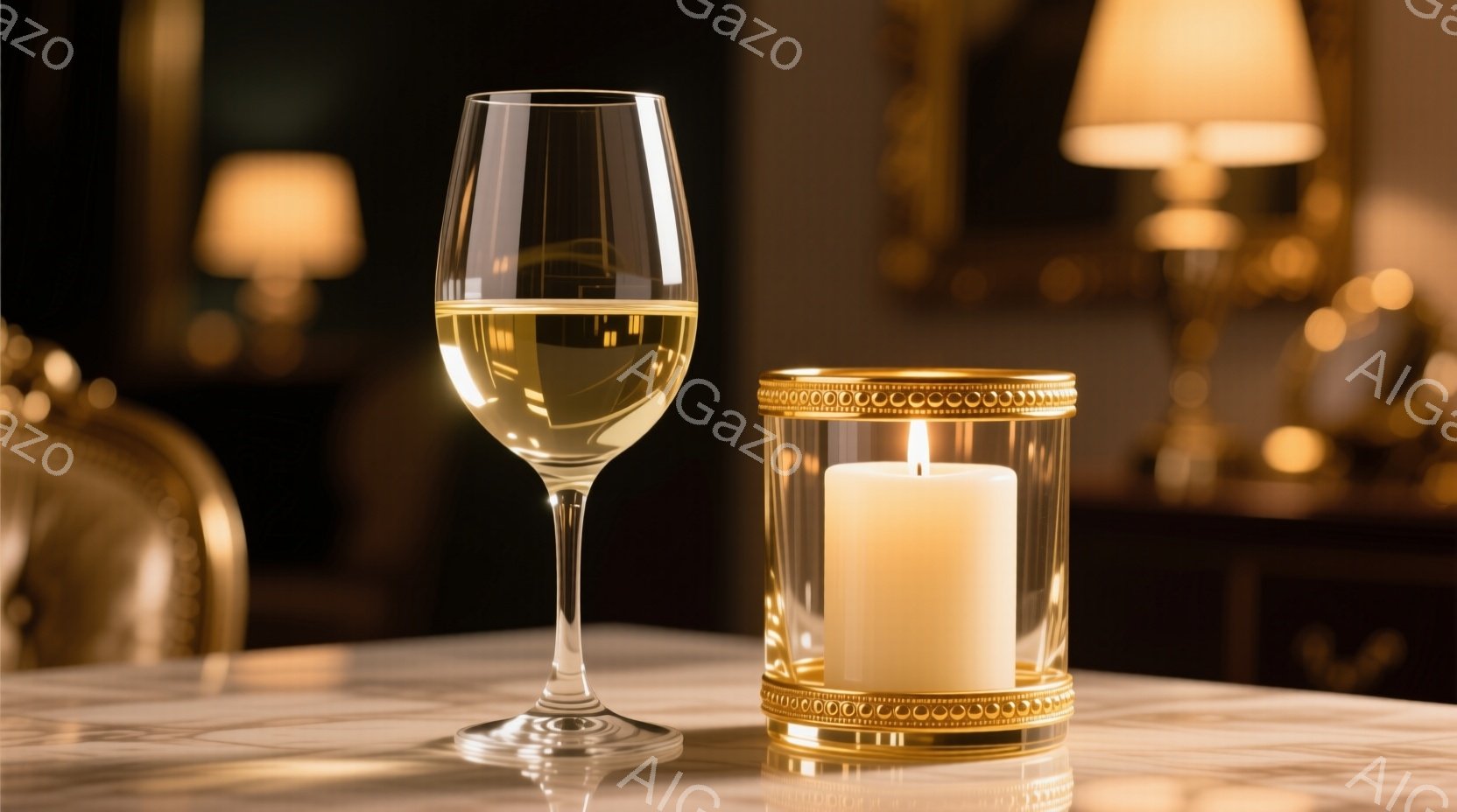 白ワインがグラスに注がれ、磨かれた大理石のテーブルに置かれています。背後には、装飾的な金の縁を持つキャンドルホルダーに入った燃えるキャンドルが暖かく光を放ち、背景にはぼやけた高級感のあるインテリアが見えます。全体的に、落ち着いた暖かく洗練された雰囲気です。