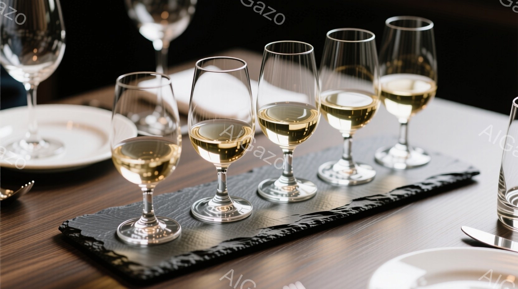 画像には、ワイングラスが黒色のスレートボード上に並べられており、それぞれに淡い黄色のワインが注がれています。グラスはそれぞれ異なる高さで、光沢のある木製のテーブルの上に置かれています。背景には他の食器やグラスがぼやけて見え、洗練されたレストランのような雰囲気を感じさせます。