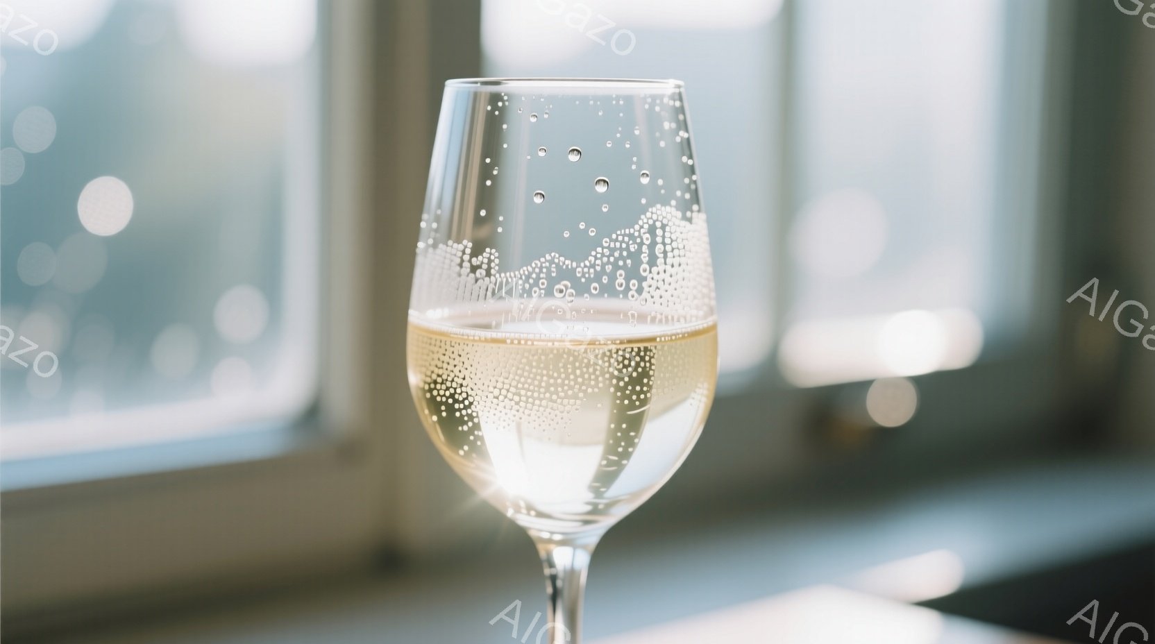 白ワインがグラスに満たされ、細かい泡が立ち上っている様子が捉えられている。背景にはぼやけた都市の風景が広がり、窓からの自然光がグラスを照らしている。全体的に爽やかで洗練された雰囲気が漂い、リラックスした時間を連想させる。