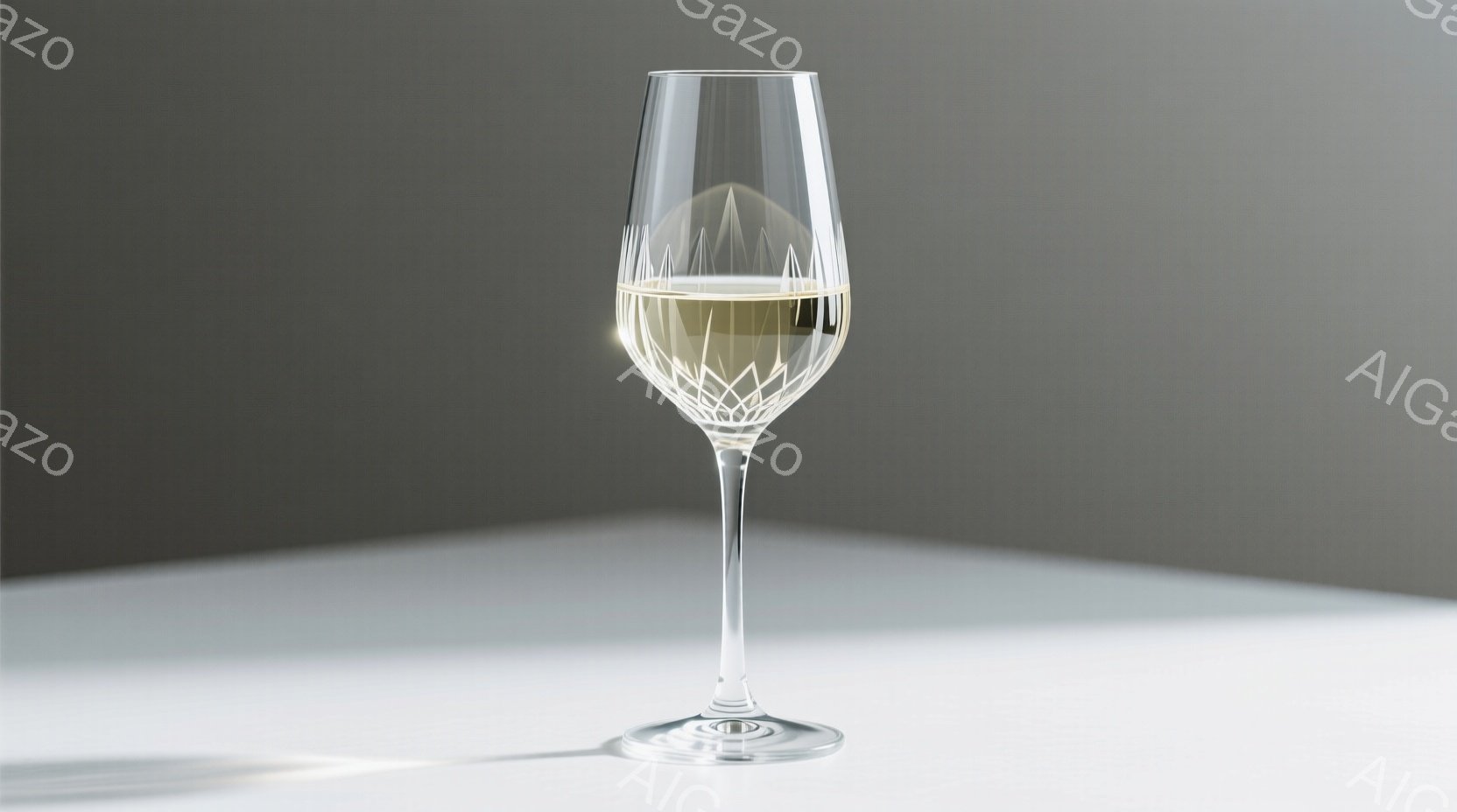 画像には、洗練された脚付きグラスが写っており、中に淡い色の液体が入っています。グラスは複雑なカットが施され、光を反射して輝きを増しています。背景はグレーがかった単色で、グラスが際立つように設計されてい - AI生成フリー素材