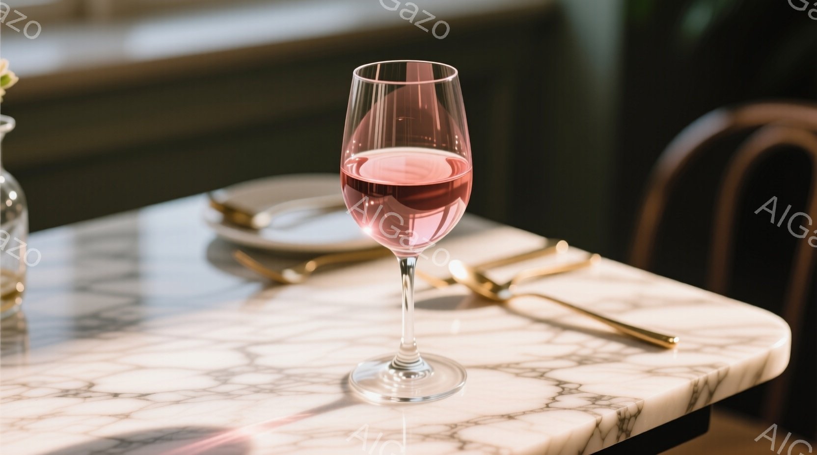 大理石のテーブルの上に、ロゼワインの入ったグラスが置かれています。背景には、金色のカトラリーと、ぼんやりとした椅子が見え、明るい光がテーブルに差し込んでいます。落ち着いた雰囲気で、洗練されたレストランやカフェの一場面を切り取った写真です。